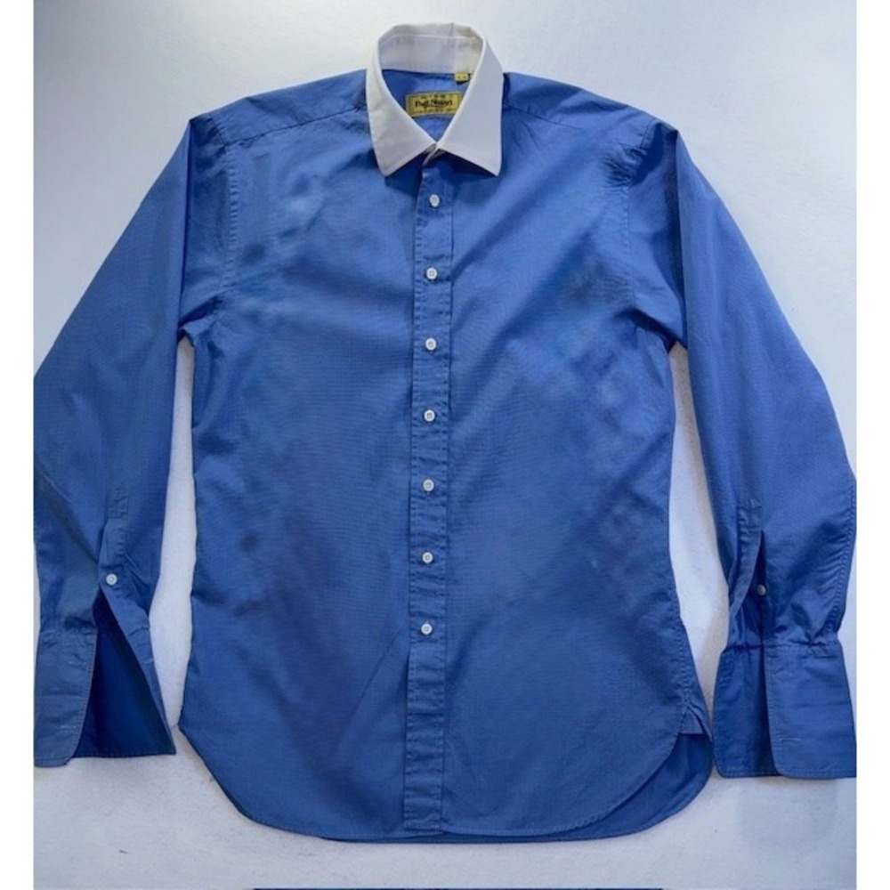 Paul Stuart Mens Shirt 15 1/2 36 M Solid Blue White Collar French Cuff Button Up - Picture 5 of 11